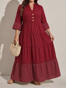 Comfylo Plus Size Elegant Boho Casual Matching Burgundy Print Button Pleated Dress Fall Going Out Vacation - Burgundy - View 9