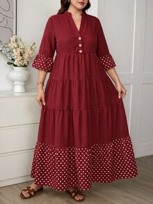 Comfylo Plus Size Elegant Boho Casual Matching Burgundy Print Button Pleated Dress Fall Going Out Vacation - Burgundy - View 4