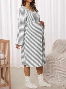 Slowluna Striped Colorblock Long Sleeve Dress - Grey - View 6