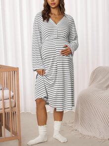 Slowluna Striped Colorblock Long Sleeve Dress - Grey - View 4