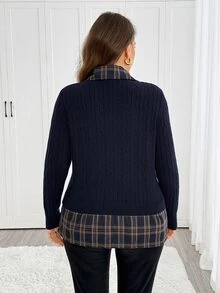 Easowa Curve Plus Size Minimalist Plaid Patchwork 2 In 1 Pullover Sweater - Navy Blue - View 6