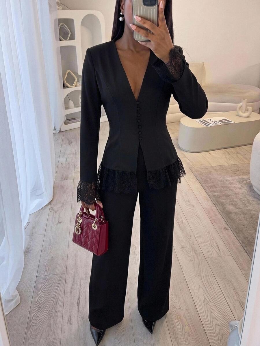 Aloruh Women's Elegant Casual Two Pieces Office Suit,Black Blazer+Pants,Lace Splicing Solid-Color Set Business Professional,Minimalist Outfits,Chic Fall