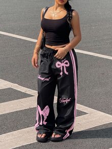 SHEIN CURVE+ US22 Plus Size Women's Long Pants, Autumn/Winter Bow & Letter Print Loose Fit Pants, Y2K Fall - Black - View 5