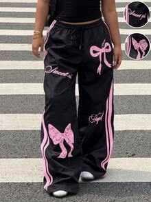 SHEIN CURVE+ US22 Plus Size Women's Long Pants, Autumn/Winter Bow & Letter Print Loose Fit Pants, Y2K Fall - Black - View 8