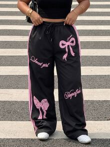 SHEIN CURVE+ US22 Plus Size Women's Long Pants, Autumn/Winter Bow & Letter Print Loose Fit Pants, Y2K Fall - Black - View 6