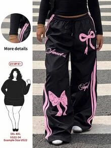 SHEIN CURVE+ US22 Plus Size Women's Long Pants, Autumn/Winter Bow & Letter Print Loose Fit Pants, Y2K Fall - Black - View 1