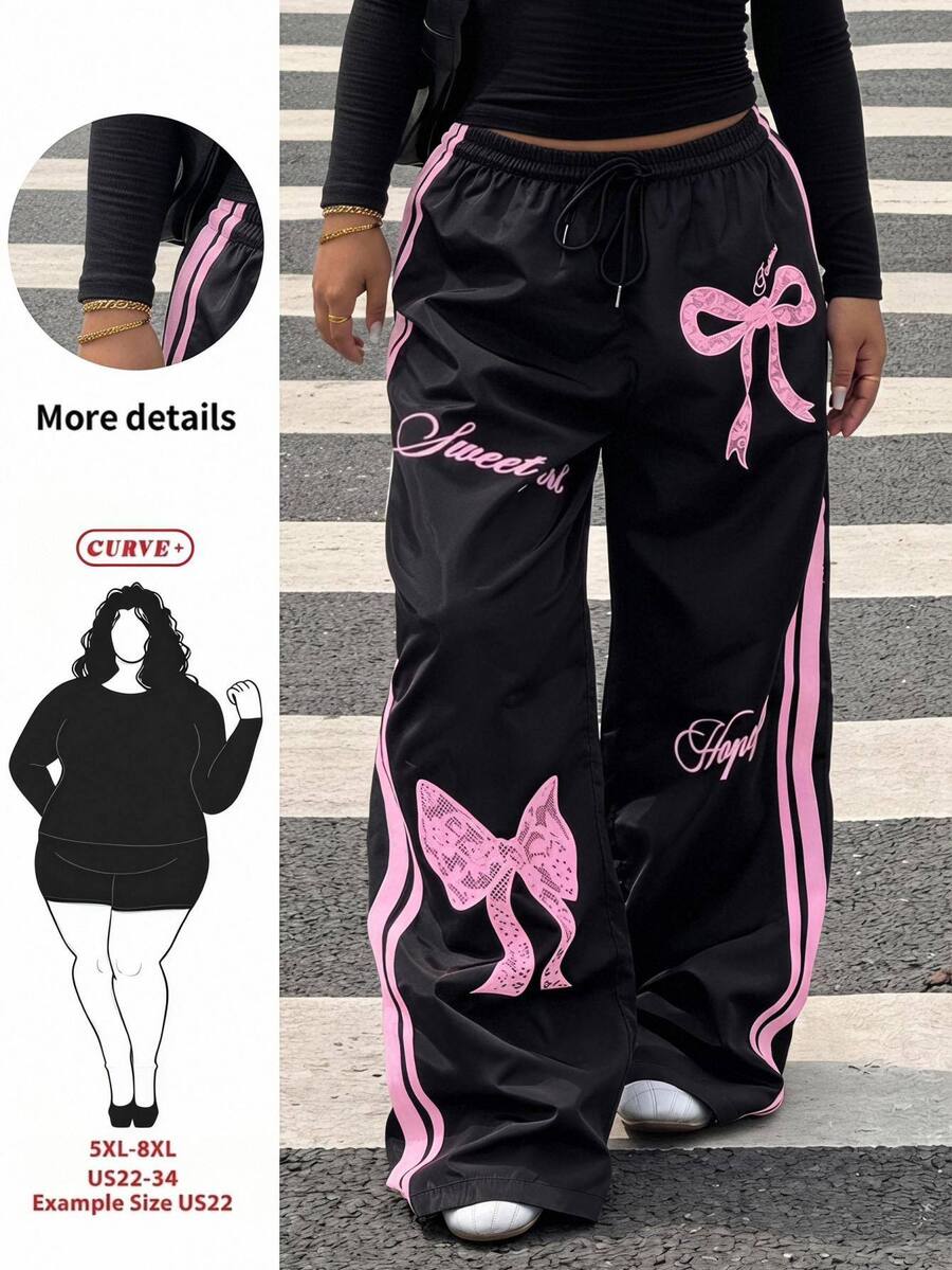 SHEIN CURVE+ US22 Plus Size Women's Long Pants, Autumn/Winter Bow & Letter Print Loose Fit Pants, Y2K Fall - Black - View 1
