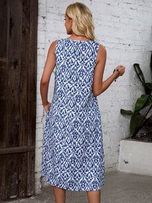 Sylviya Vestido de mujer con cuello redondo, sin mangas y estampado, para vacaciones - Azul - Ver 7