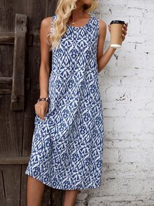 Sylviya Vestido de mujer con cuello redondo, sin mangas y estampado, para vacaciones - Azul - Ver 4