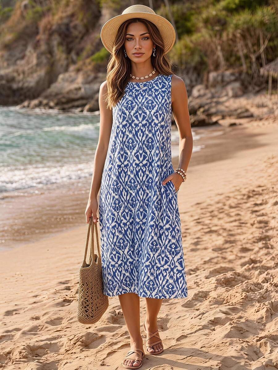 Sylviya Vestido de mujer con cuello redondo, sin mangas y estampado, para vacaciones