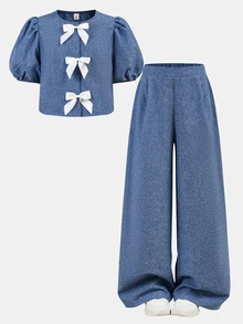 SHEIN Tween女孩休閒優雅通勤圓領藍色泡泡袖前領白色蝴蝶結上衣與直筒長褲套裝 - 藍色 - 查看 7