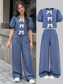 SHEIN Tween女孩休閒優雅通勤圓領藍色泡泡袖前領白色蝴蝶結上衣與直筒長褲套裝 - 藍色 - 查看 1