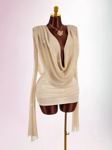Amplova Low Cut Sexy Women's Cowl Neck Solid Color Mini Dress - Gold - View 5
