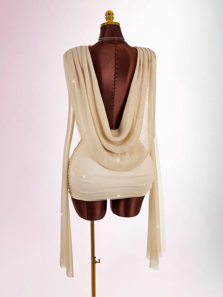 Amplova Low Cut Sexy Women's Cowl Neck Solid Color Mini Dress - Gold - View 1