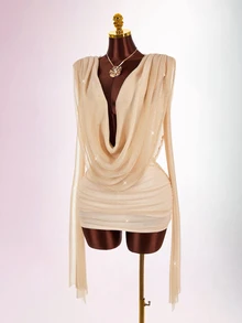 Amplova Low Cut Sexy Women's Cowl Neck Solid Color Mini Dress - Gold - View 8