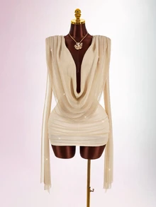Amplova Low Cut Sexy Women's Cowl Neck Solid Color Mini Dress - Gold - View 2