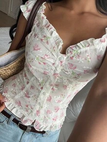 CovetEZ 女士休闲碎花荷叶边单排扣衬衫 - 彩色 - 查看 2