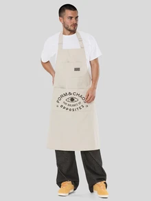 FORM&CHAOS Men's Letter Print Halter Neck Apron Jumpsuit With Pocket, Cotton Workwear Style - Beige - View 4