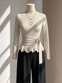 Selianne Women's Lace Patchwork Metal Decor Casual Daily Long Sleeve Sweater - White - View 3