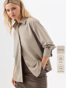 KÆRIA Hus Relaxed Long Sleeve Button Up Shirt - Wool Blend Shirting - Taupe - Button Up, Minimalist Casual, Cargo Style Office Business Fall - Khaki - View 9