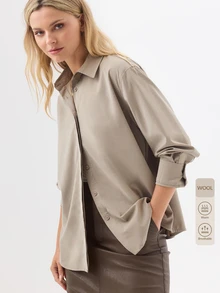 KÆRIA Hus Relaxed Long Sleeve Button Up Shirt - Wool Blend Shirting - Taupe - Button Up, Minimalist Casual, Cargo Style Office Business Fall - Khaki - View 1