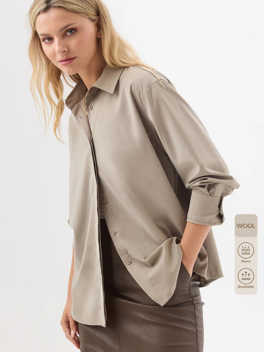 KÆRIA Hus Relaxed Long Sleeve Button Up Shirt - Wool Blend Shirting - Taupe - Button Up, Minimalist Casual, Cargo Style Office Business Fall - Khaki - View 1