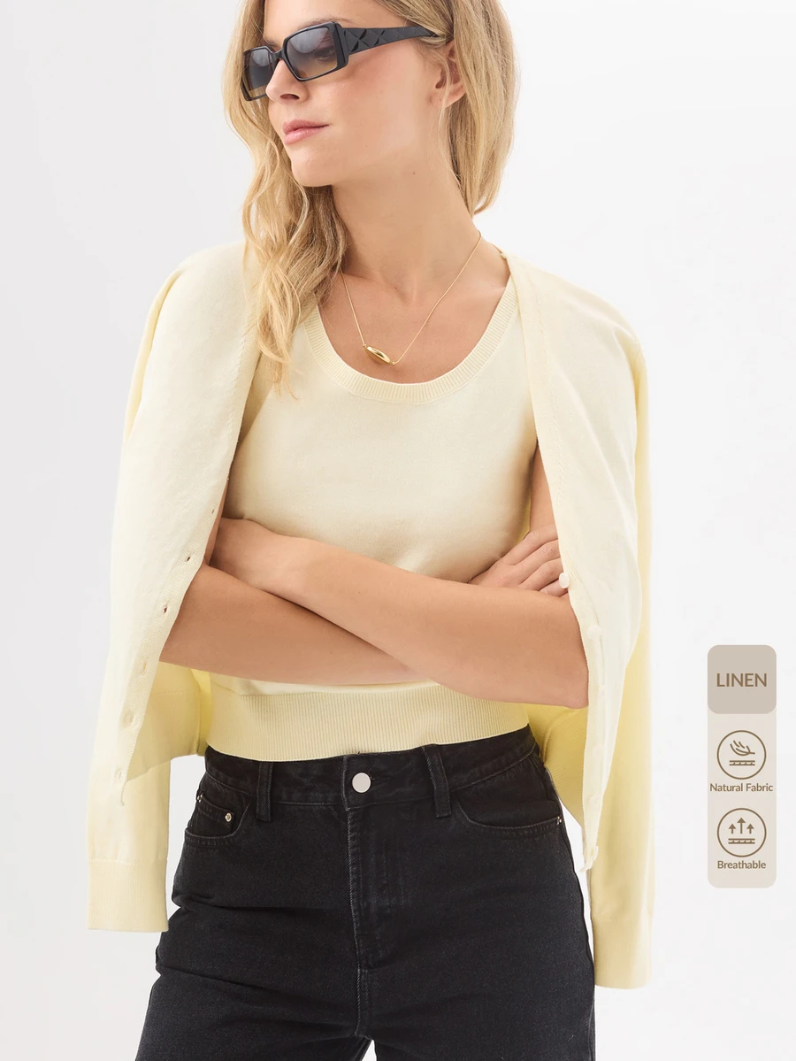KÆRIA Hus Knit Set Scoop Neck Sleeveless Knit Top Cardigan Set - Linen Blend Knit-Pale Yellow-Minimalist French Elegant Layering Preppy Brunch Tea Party Fall - Apricot - View 1
