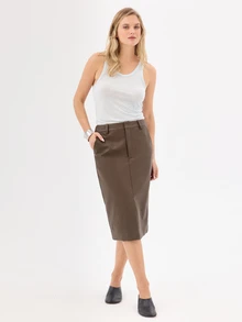 KÆRIA Hus Straight Column Knee Length Skirt - Textured Leather Look PU - Dark Olive Brown - 90s, Minimalist Elegant, Casual, Office Night Work, Fall, Chill - Brown - View 5