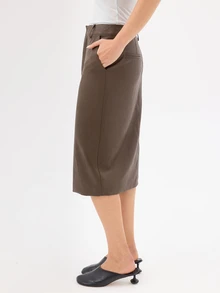 KÆRIA Hus Straight Column Knee Length Skirt - Textured Leather Look PU - Dark Olive Brown - 90s, Minimalist Elegant, Casual, Office Night Work, Fall, Chill - Brown - View 3