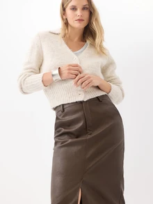KÆRIA Hus Straight Column Knee Length Skirt - Textured Leather Look PU - Dark Olive Brown - 90s, Minimalist Elegant, Casual, Office Night Work, Fall, Chill - Brown - View 1