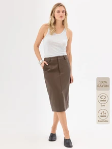 KÆRIA Hus Straight Column Knee Length Skirt - Textured Leather Look PU - Dark Olive Brown - 90s, Minimalist Elegant, Casual, Office Night Work, Fall, Chill - Brown - View 9