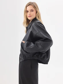KÆRIA Hus Relaxed Button Down PU Jacket - Textured Leather Look - Black - Oversized Streetwear Casual, Utility, Minimalist Night Out Nightout Going Out Fall - Black - View 3