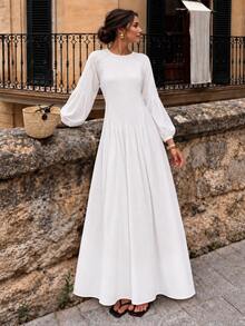 Anewsta Essential Women's White Knit Patchwork Long Sleeve Dress, Soft Style Loose Fit Slimming Long A-Line Dress - White - View 3