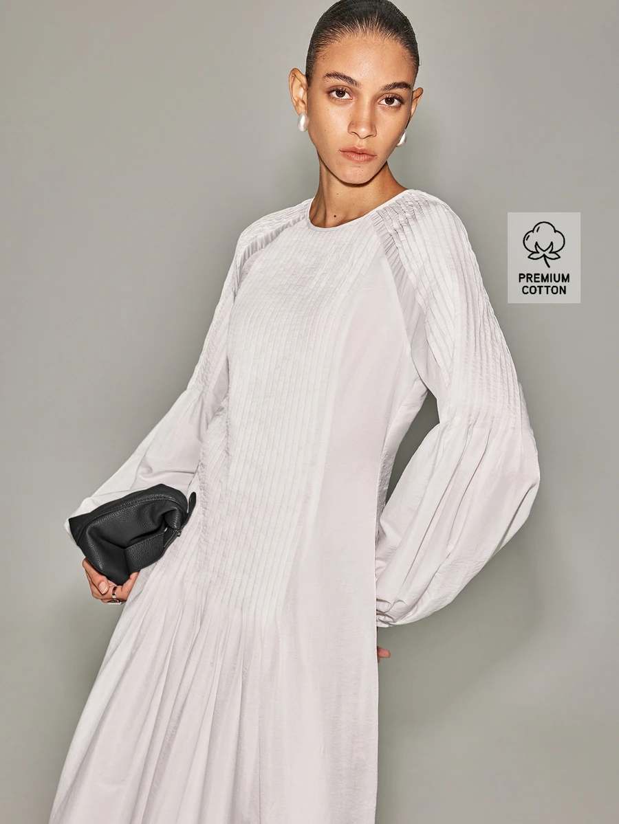 Anewsta Essential Women's White Knit Patchwork Long Sleeve Dress, Soft Style Loose Fit Slimming Long A-Line Dress - White - View 1