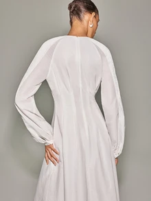 Anewsta Essential Women's White Knit Patchwork Long Sleeve Dress, Soft Style Loose Fit Slimming Long A-Line Dress - White - View 2