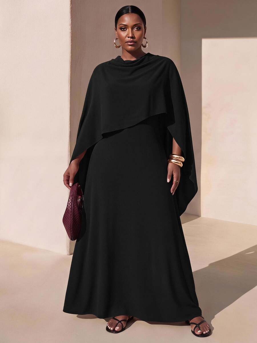Zivah Women's Plus Size Brown Modest Dress,Winter Formal Al-Adha Cape Style Long Gown,Nomadic Western Birthday Party Graduation College Versatile Basic Fall - Black - View 1