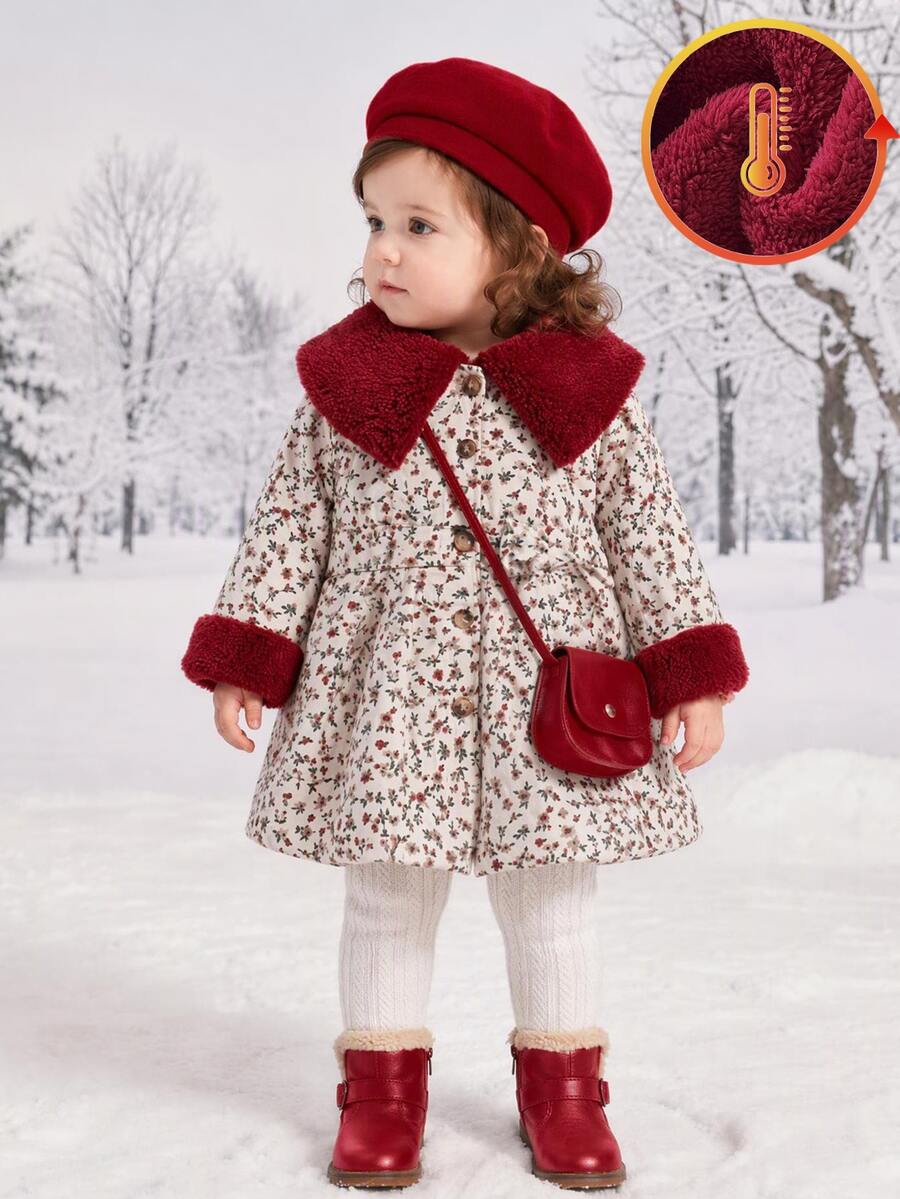 SHEIN 女嬰洋裝蝴蝶結外套冬季翻領素色優雅蝴蝶印花紅色卡其色灰色洋裝褲裝襯衫 - 棕色 - 查看 1