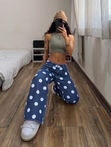 StreetHx Women's Blue Round Polka Dot Pattern Decorated Pocket Fashion Denim Jeans,Fall/Winter - Blue - View 8