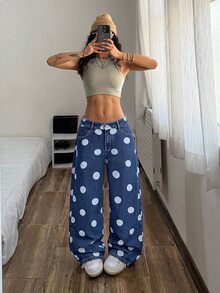 StreetHx Women's Blue Round Polka Dot Pattern Decorated Pocket Fashion Denim Jeans,Fall/Winter - Blue - View 7
