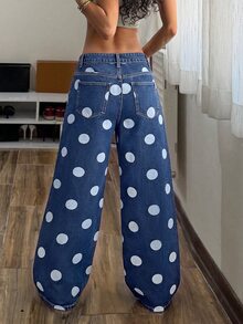 StreetHx Women's Blue Round Polka Dot Pattern Decorated Pocket Fashion Denim Jeans,Fall/Winter - Blue - View 2