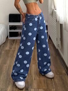StreetHx Women's Blue Round Polka Dot Pattern Decorated Pocket Fashion Denim Jeans,Fall/Winter - Blue - View 3