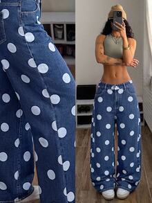 StreetHx Women's Blue Round Polka Dot Pattern Decorated Pocket Fashion Denim Jeans,Fall/Winter - Blue - View 1