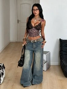 Coolane 女款秋冬街頭風休閒 Y2K 性感復古老錢風豹紋對比蕾絲棕色無袖背心上衣 - 彩色 - 查看 6