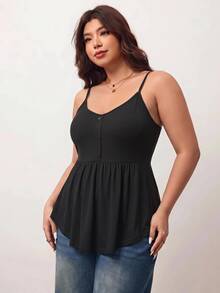 Enliva Plus Size Stretch Ribbed Button Front Babydoll Cami Tank Top Fall Apple, Rounded Body - Black - View 4