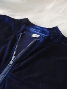 SHEIN 女童 2 件套海軍藍天鵝絨夾克與寬腿褲套裝，仿珍珠串珠袖套領上衣，秋季風格校服，適合聖誕節 - 藏蓝色 - 查看 4
