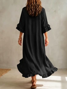 Linhara CURVE Plus Size Women's Solid Color Casual Daily Summer Dress - Black - View 2
