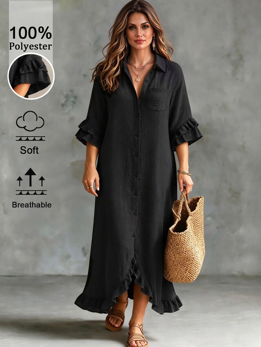 Linhara CURVE Plus Size Women's Solid Color Casual Daily Summer Dress - Black - View 1