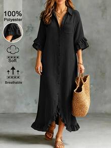 Linhara CURVE Plus Size Women's Solid Color Casual Daily Summer Dress - Black - View 3