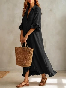 Linhara CURVE Plus Size Women's Solid Color Casual Daily Summer Dress - Black - View 4