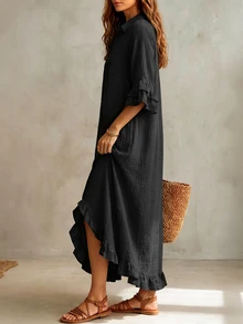 Linhara CURVE Plus Size Women's Solid Color Casual Daily Summer Dress - Black - View 6